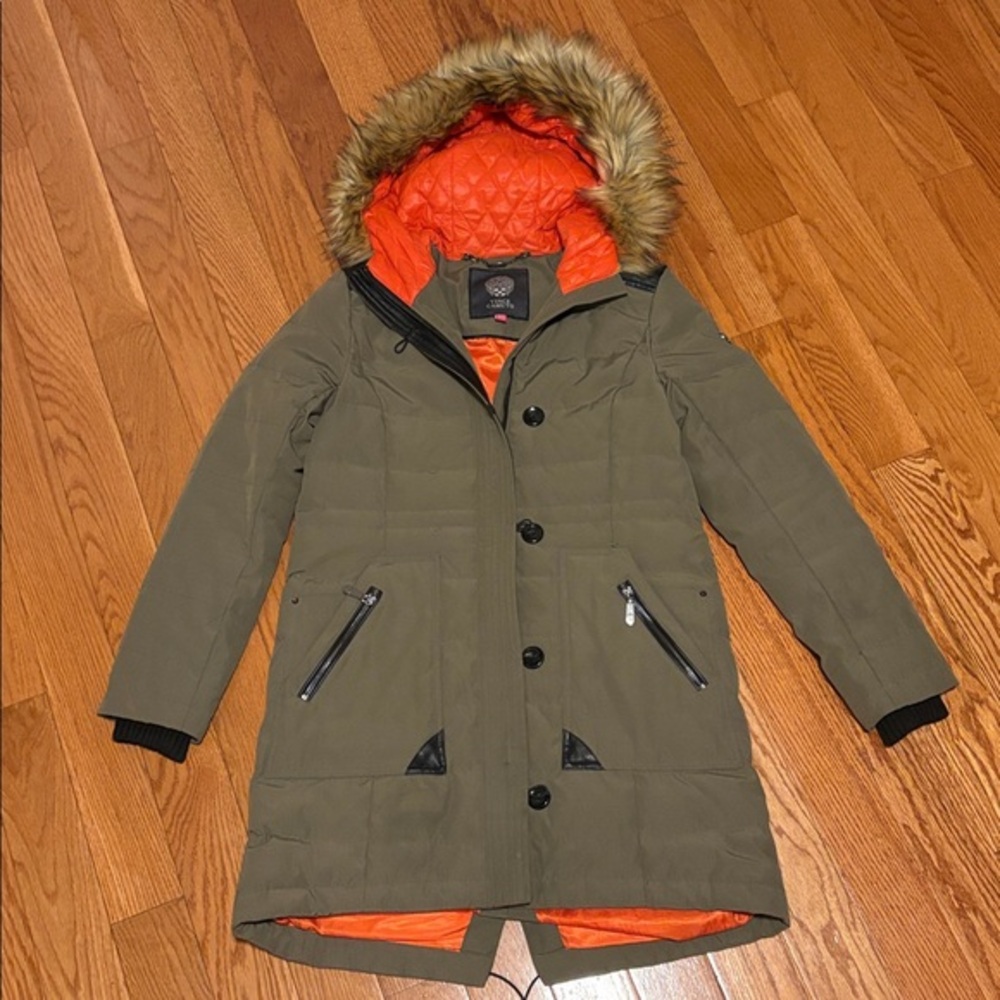 Vince Camuto Olive Puffer Coat with Faux Fur Hood